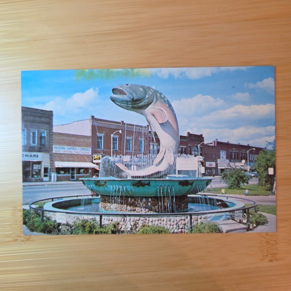 National Trout Memorial Fountain Kalkaska Michigan Postcard 16889-C